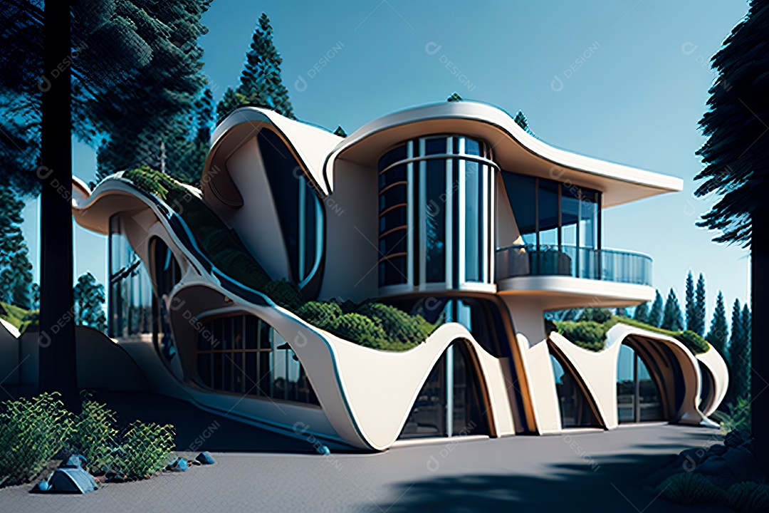 Vila 3D estilo sonhador imaginário retrô futurista casa moderna