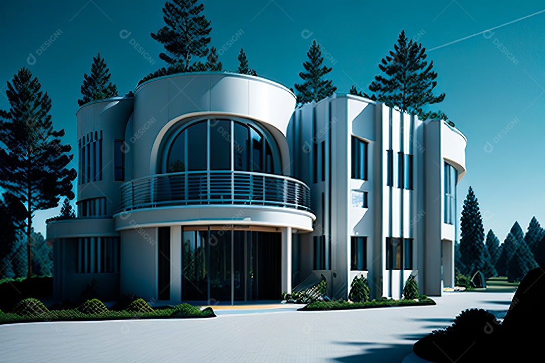 Vila 3D estilo sonhador imaginário retrô futurista casa moderna