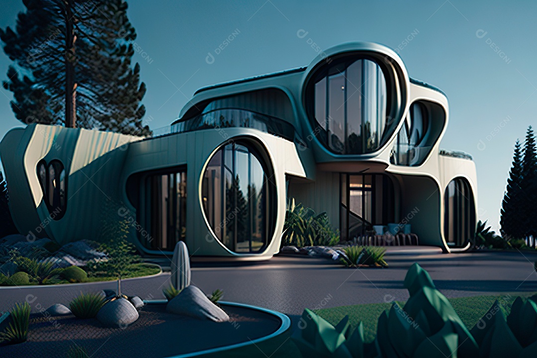 Vila 3D estilo sonhador imaginário retrô futurista casa moderna