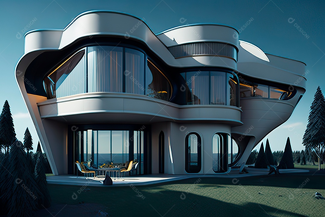 Vila 3D estilo sonhador imaginário retrô futurista casa moderna