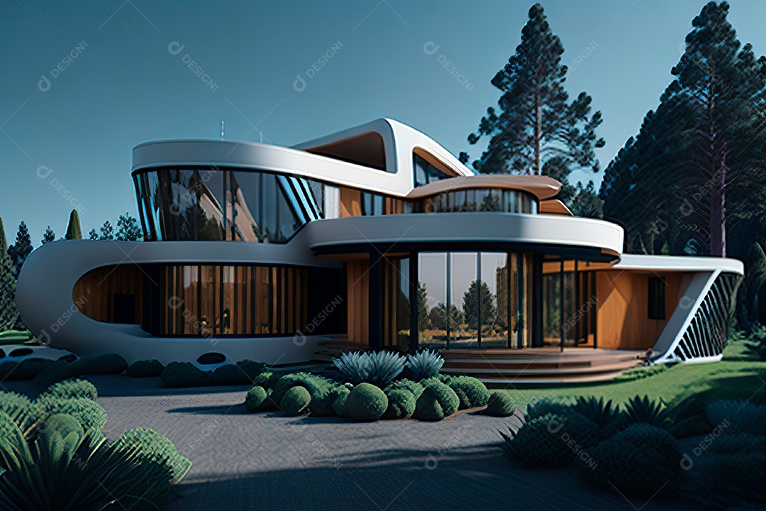 Vila 3D estilo sonhador imaginário retrô futurista casa moderna