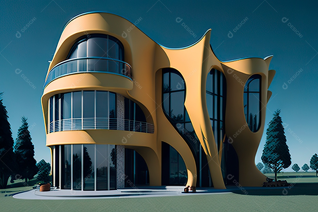 Vila 3D estilo sonhador imaginário retrô futurista casa moderna
