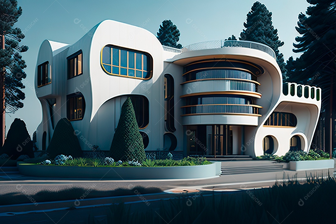 Vila 3D estilo sonhador imaginário retrô futurista casa moderna