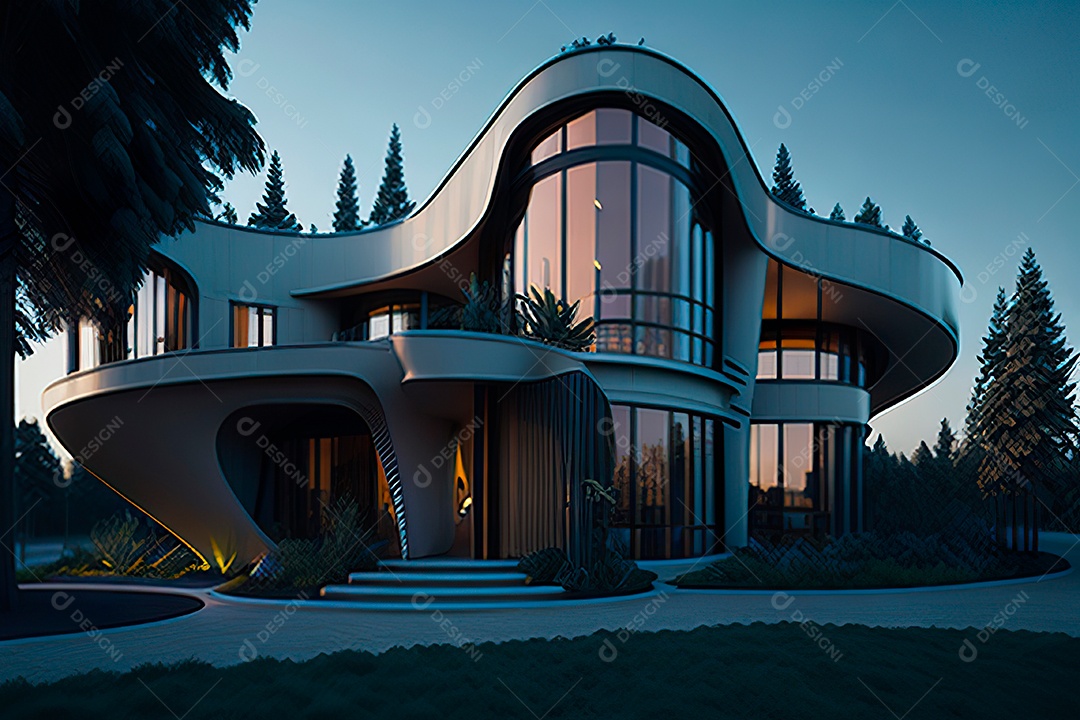 Vila 3D estilo sonhador imaginário retrô futurista casa moderna