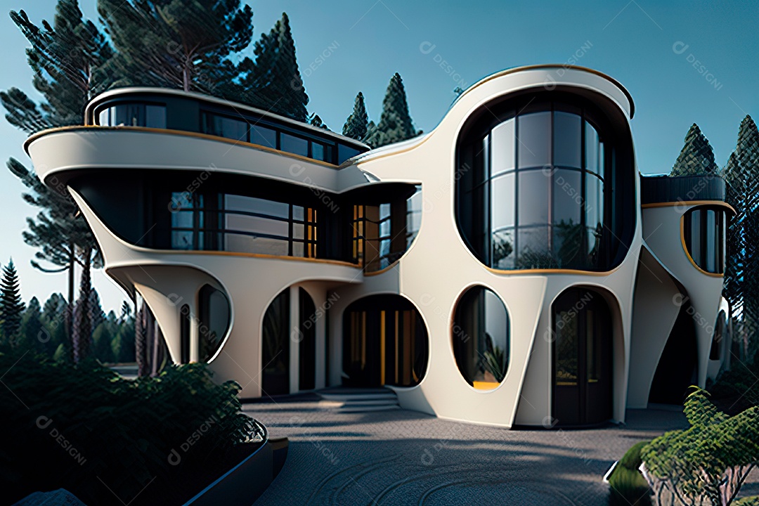 Vila 3D estilo sonhador imaginário retrô futurista casa moderna