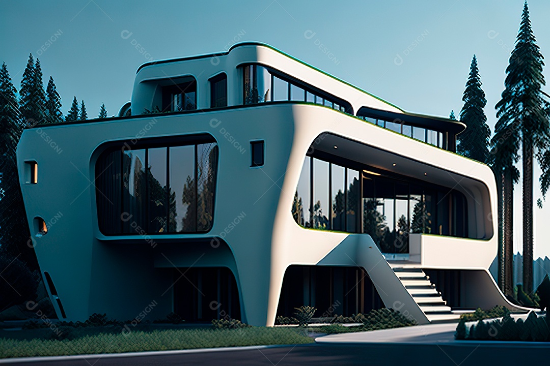 Vila 3D estilo sonhador imaginário retrô futurista casa moderna