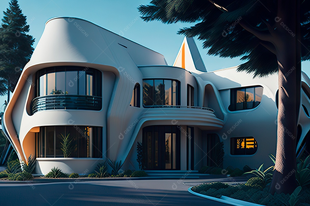 Vila 3D estilo sonhador imaginário retrô futurista casa moderna