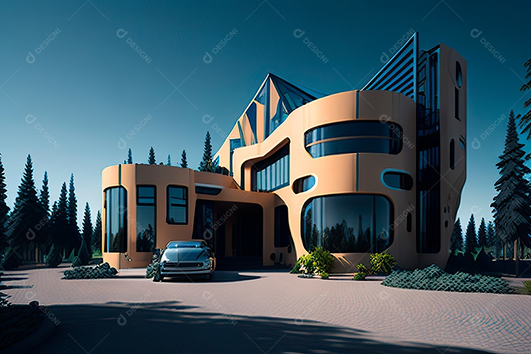 Vila 3D estilo sonhador imaginário retrô futurista casa moderna