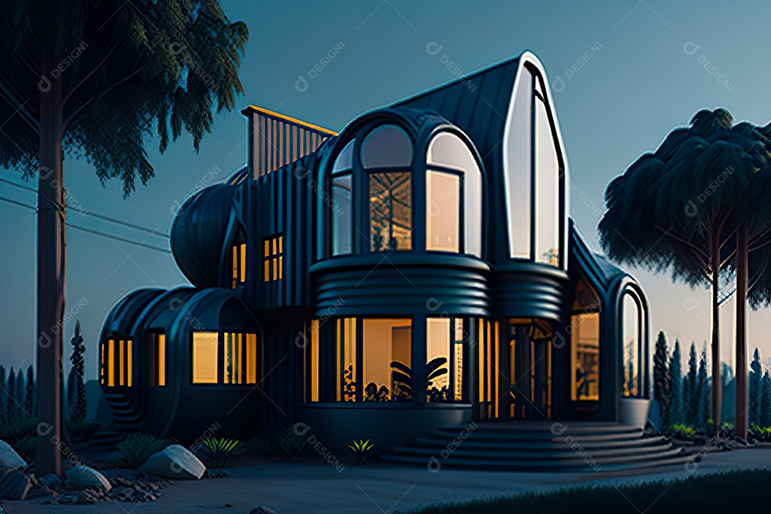Vila 3D estilo sonhador imaginário retrô futurista casa moderna