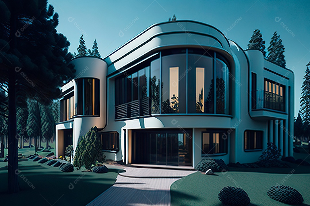 Vila 3D estilo sonhador imaginário retrô futurista casa moderna