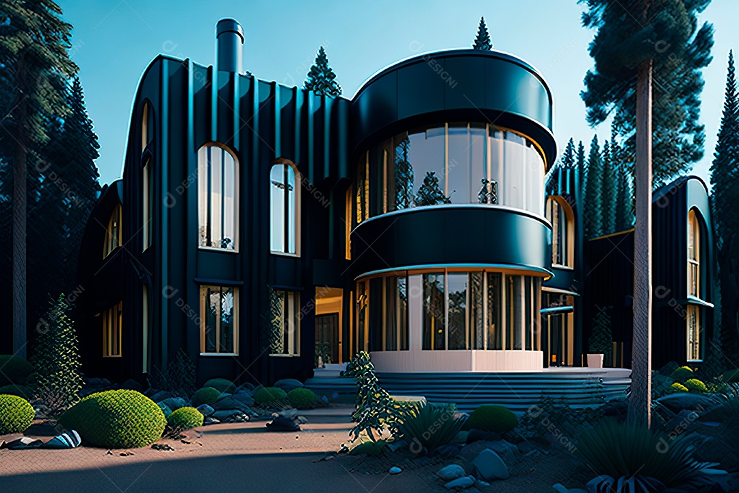 Vila 3D estilo sonhador imaginário retrô futurista casa moderna