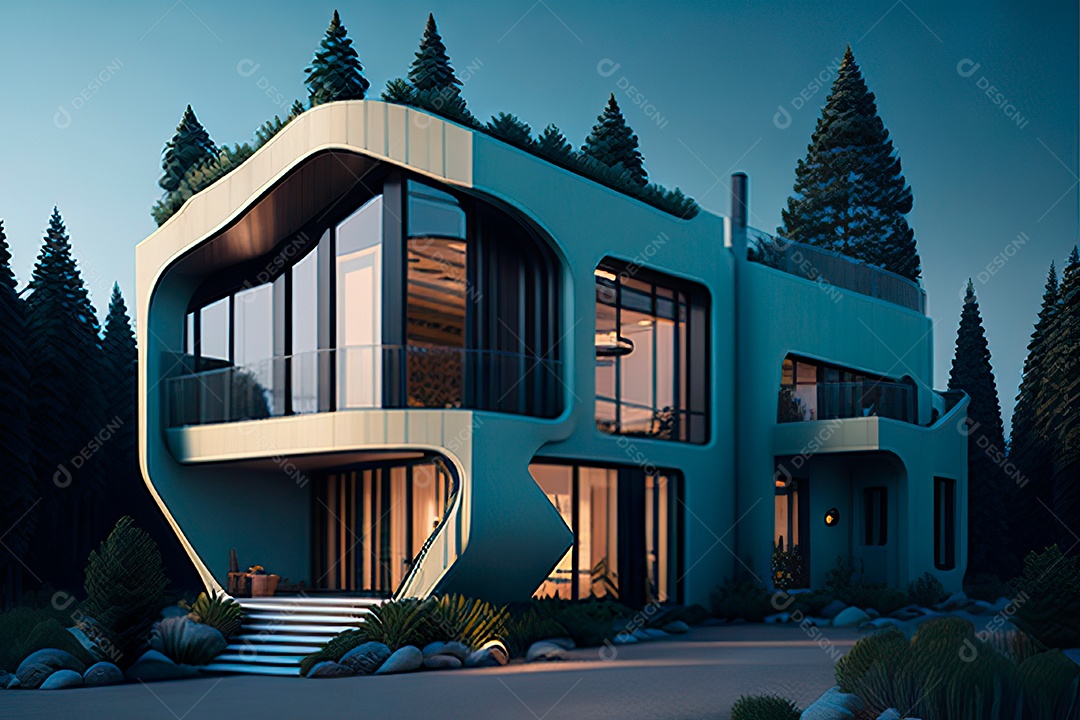 Vila 3D estilo sonhador imaginário retrô futurista casa moderna