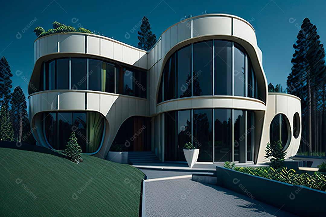 Vila 3D estilo sonhador imaginário retrô futurista casa moderna