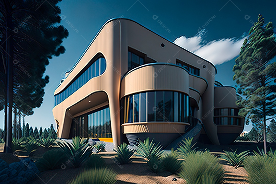 Vila 3D estilo sonhador imaginário retrô futurista casa moderna