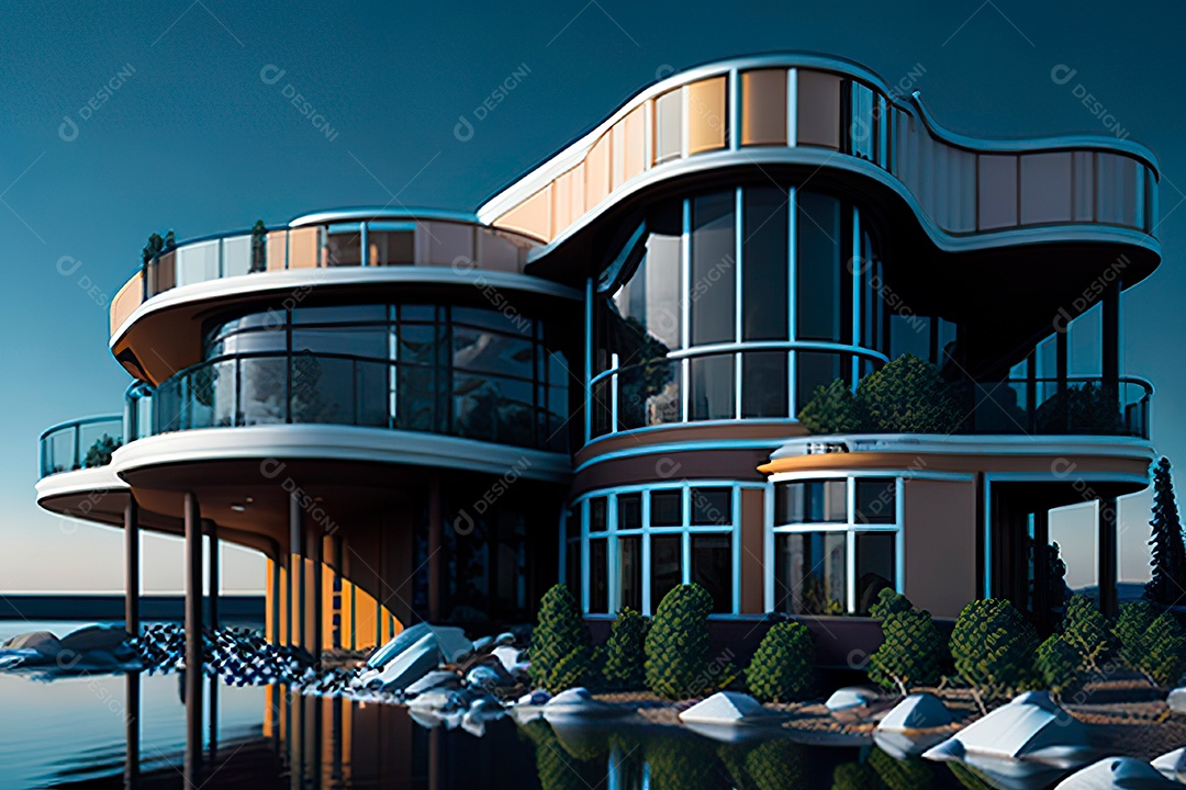 Vila 3D estilo sonhador imaginário retrô futurista casa modern