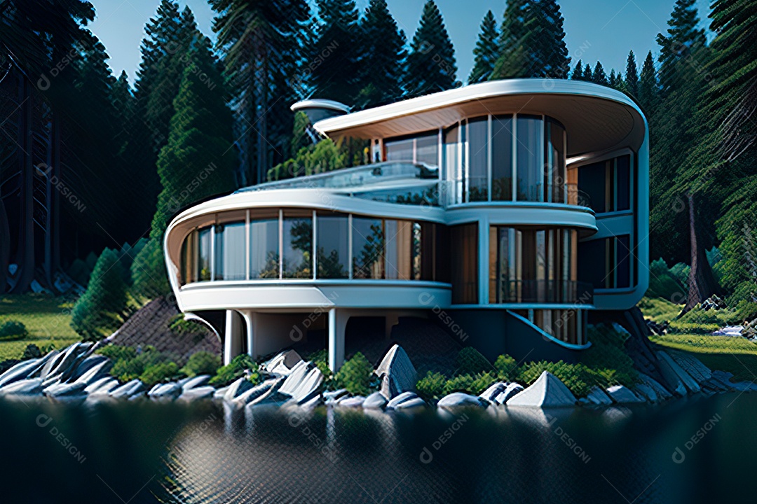 Vila 3D estilo sonhador imaginário retrô futurista casa modern