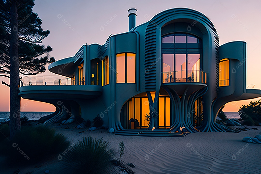 Vila 3D estilo sonhador imaginário retrô futurista casa modern