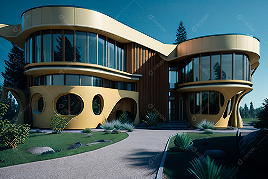 Vila 3D estilo sonhador imaginário retrô futurista casa moderna