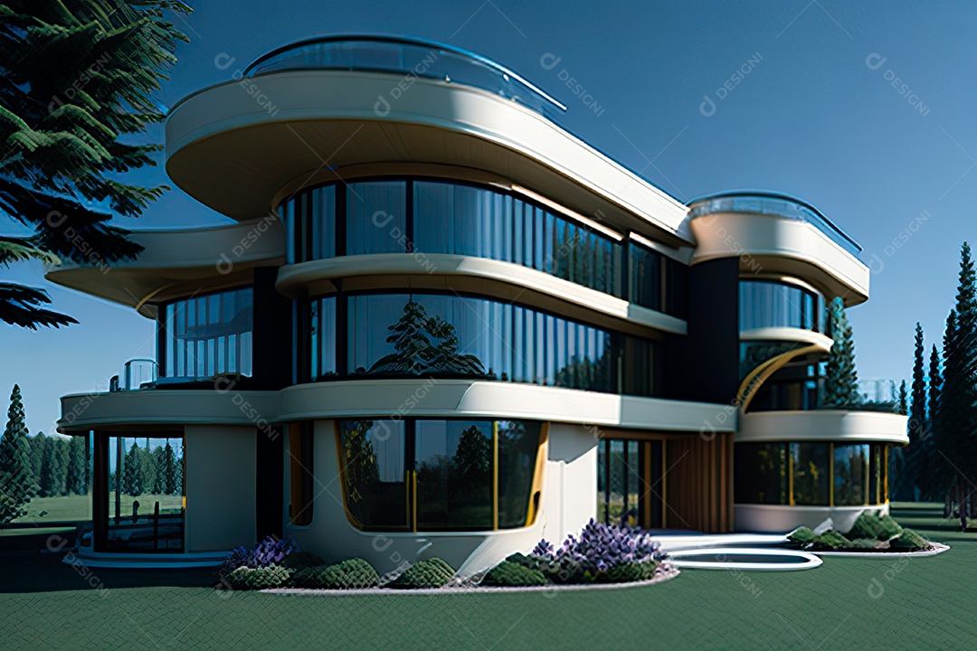 Vila 3D estilo sonhador imaginário retrô futurista casa moderna