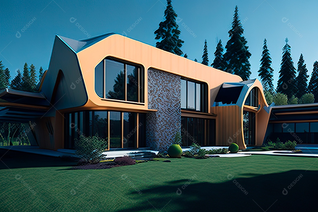 Vila 3D estilo sonhador imaginário retrô futurista casa moderna