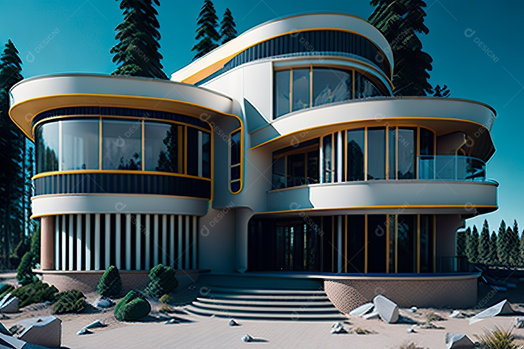 Vila 3D estilo sonhador imaginário retrô futurista casa moderna