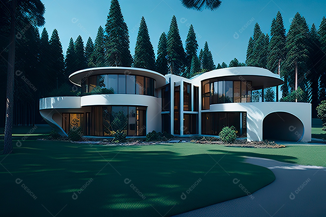 Vila 3D estilo sonhador imaginário retrô futurista casa moderna