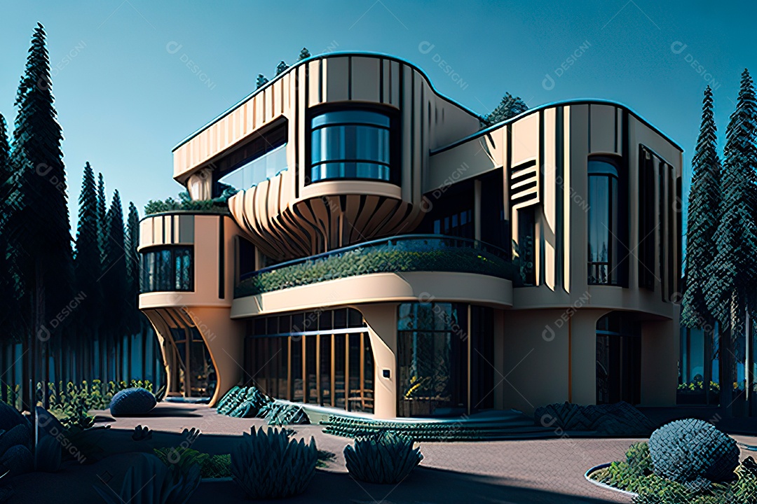 Vila 3D estilo sonhador imaginário retrô futurista casa moderna