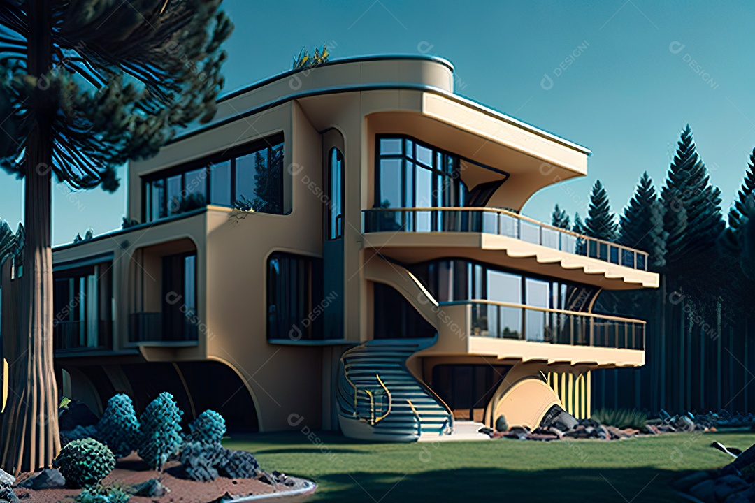 Vila 3D estilo sonhador imaginário retrô futurista casa moderna