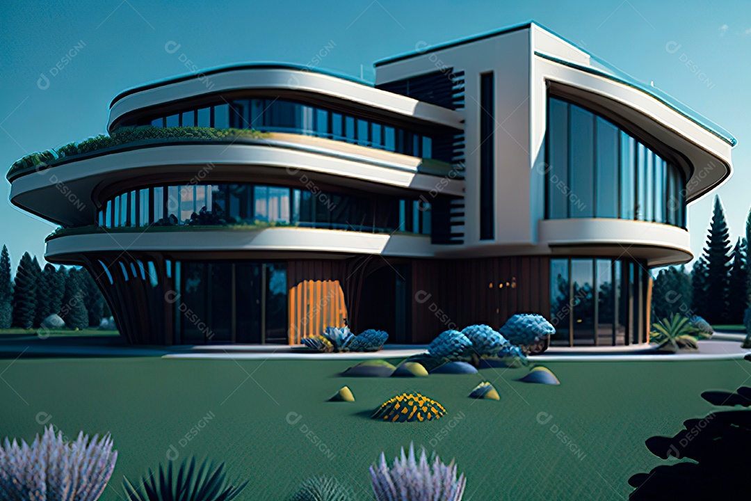 Vila 3D estilo sonhador imaginário retrô futurista casa moderna