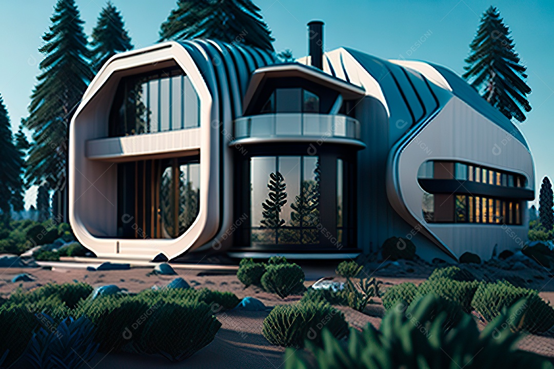 Vila 3D estilo sonhador imaginário retrô futurista casa moderna