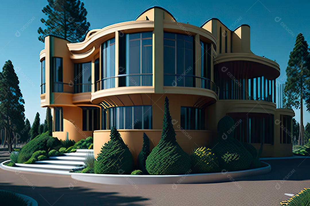 Vila 3D estilo sonhador imaginário retrô futurista casa moderna