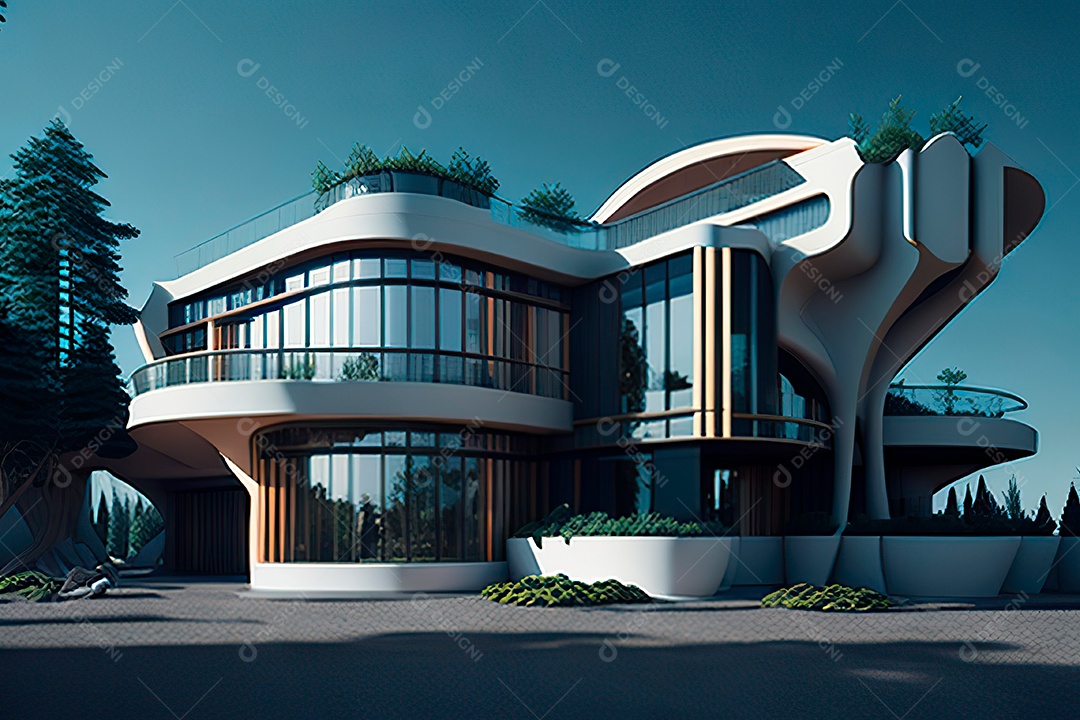 Vila 3D estilo sonhador imaginário retrô futurista casa moderna