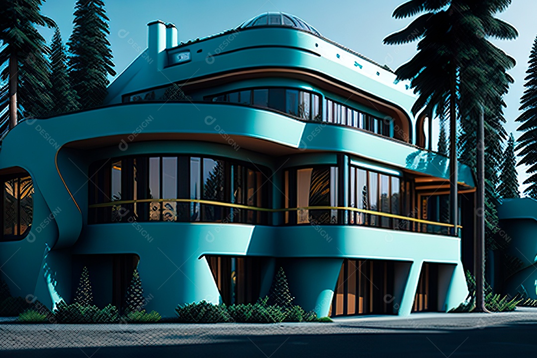 Vila 3D estilo sonhador imaginário retrô futurista casa moderna