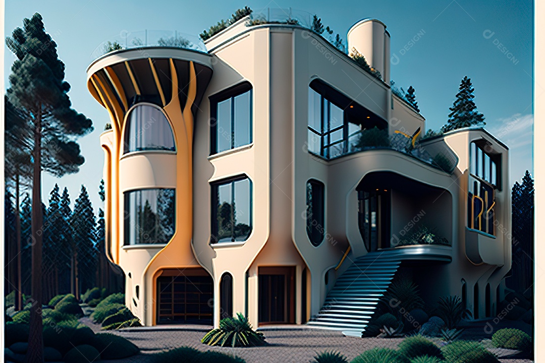 Vila 3D estilo sonhador imaginário retrô futurista casa moderna