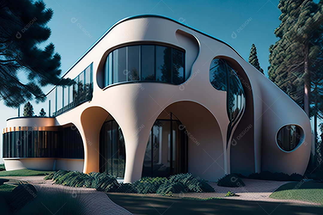 Vila 3D estilo sonhador imaginário retrô futurista casa moderna