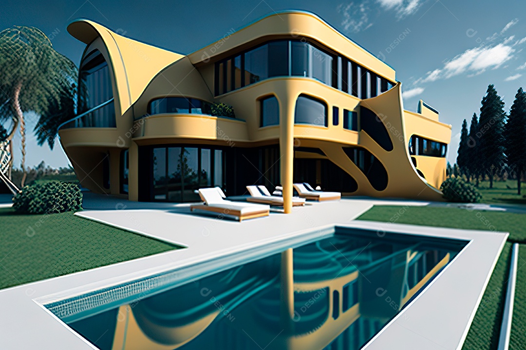 Vila 3D estilo sonhador imaginário retrô futurista casa moderna