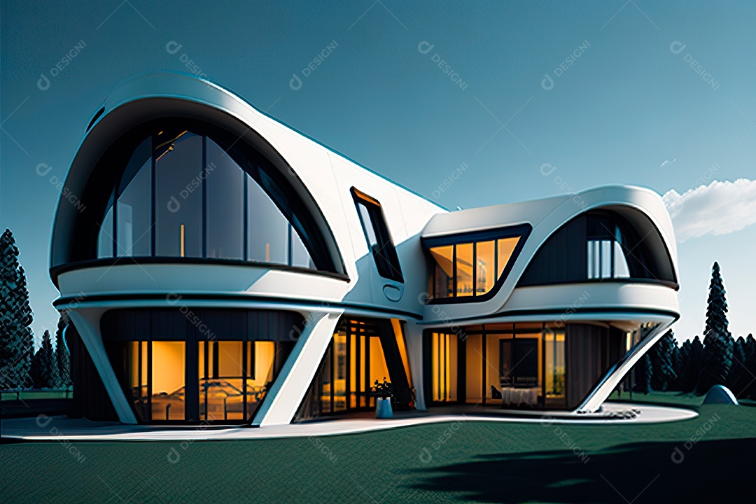 Vila 3D estilo sonhador imaginário retrô futurista casa moderna