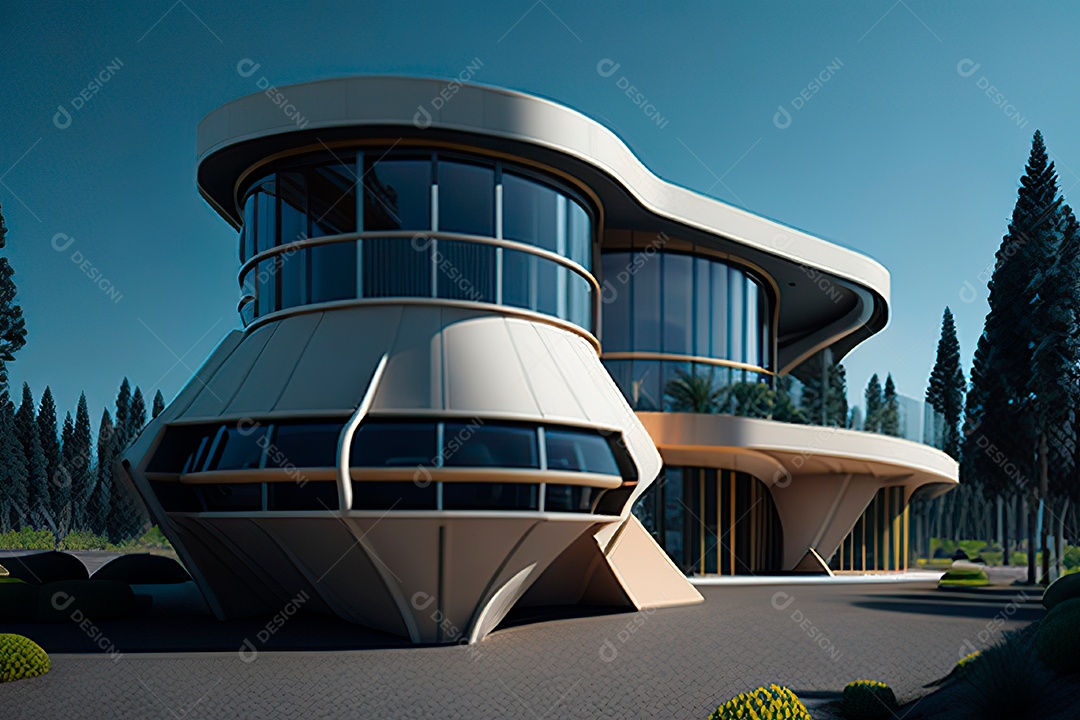 Vila 3D estilo sonhador imaginário retrô futurista casa moderna