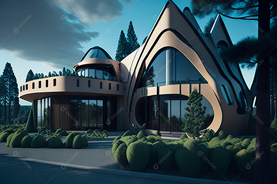 Vila 3D estilo sonhador imaginário retrô futurista casa moderna