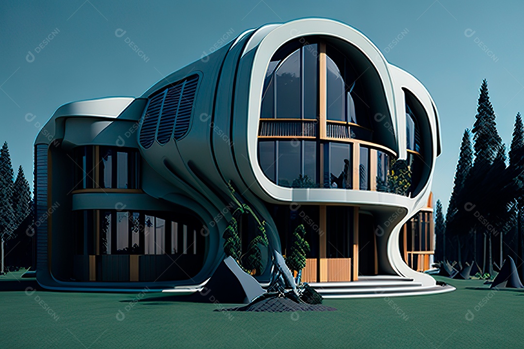 Vila 3D estilo sonhador imaginário retrô futurista casa moderna
