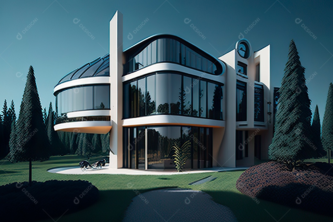 Vila 3D estilo sonhador imaginário retrô futurista casa moderna