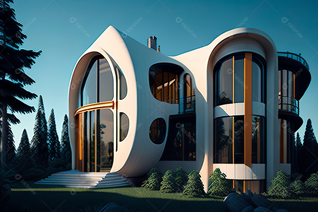 Vila 3D estilo sonhador imaginário retrô futurista casa moderna