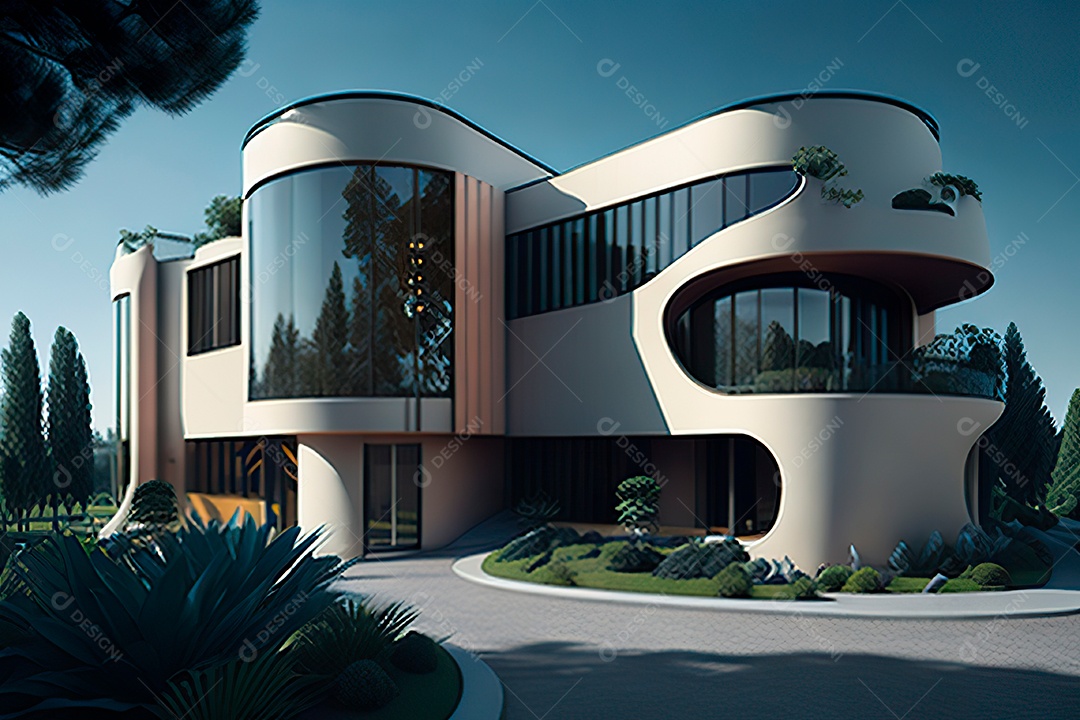 Vila 3D estilo sonhador imaginário retrô futurista casa moderna