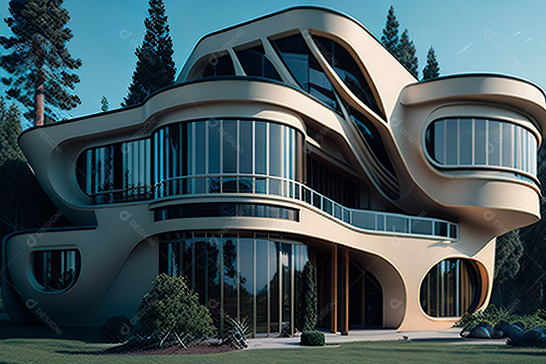 Vila 3D estilo sonhador imaginário retrô futurista casa moderna