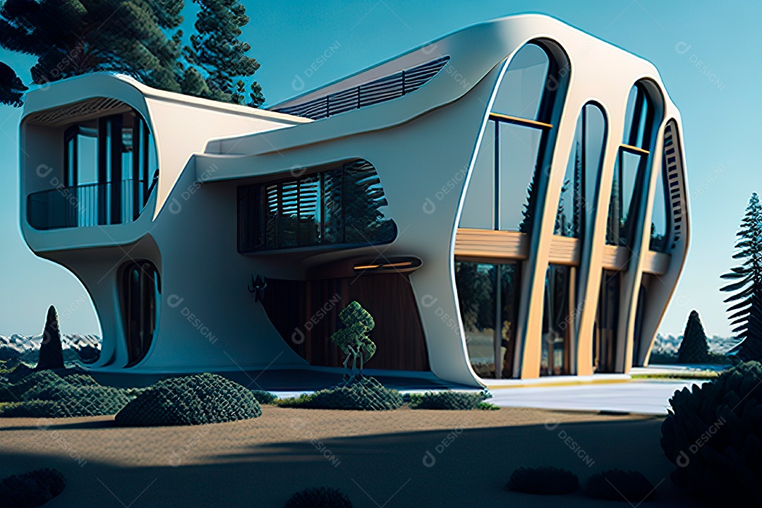 Vila 3D estilo sonhador imaginário retrô futurista casa moderna