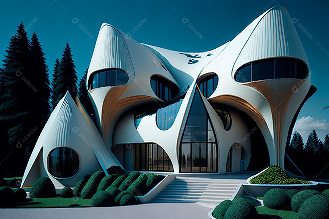 Vila 3D estilo sonhador imaginário retrô futurista casa modern