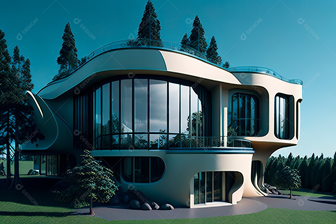 Vila 3D estilo sonhador imaginário retrô futurista casa moderna