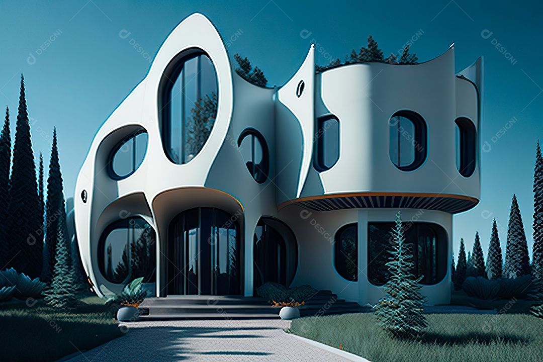 Vila 3D estilo sonhador imaginário retrô futurista casa moderna