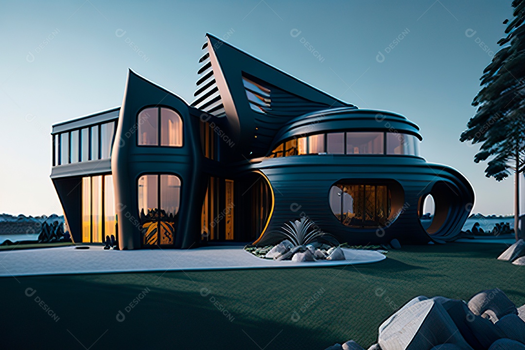 Vila 3D estilo sonhador imaginário retrô futurista casa moderna
