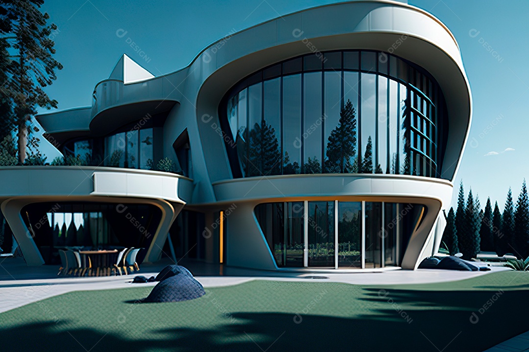 Vila 3D estilo sonhador imaginário retrô futurista casa moderna